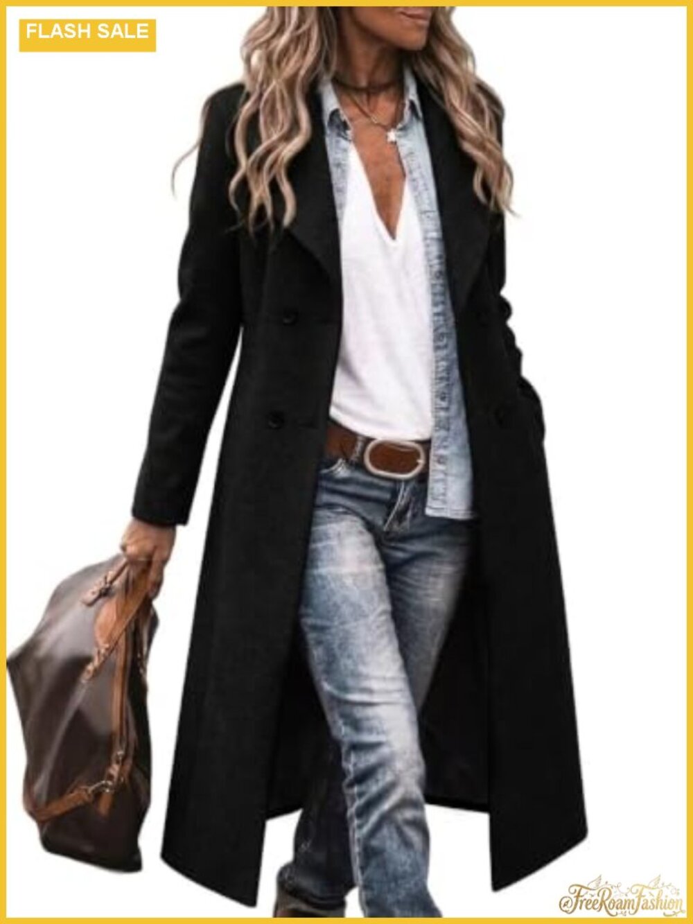 Womens Long Wool Blend Coat Shawl Collar Double Breasted Trench Peacoat